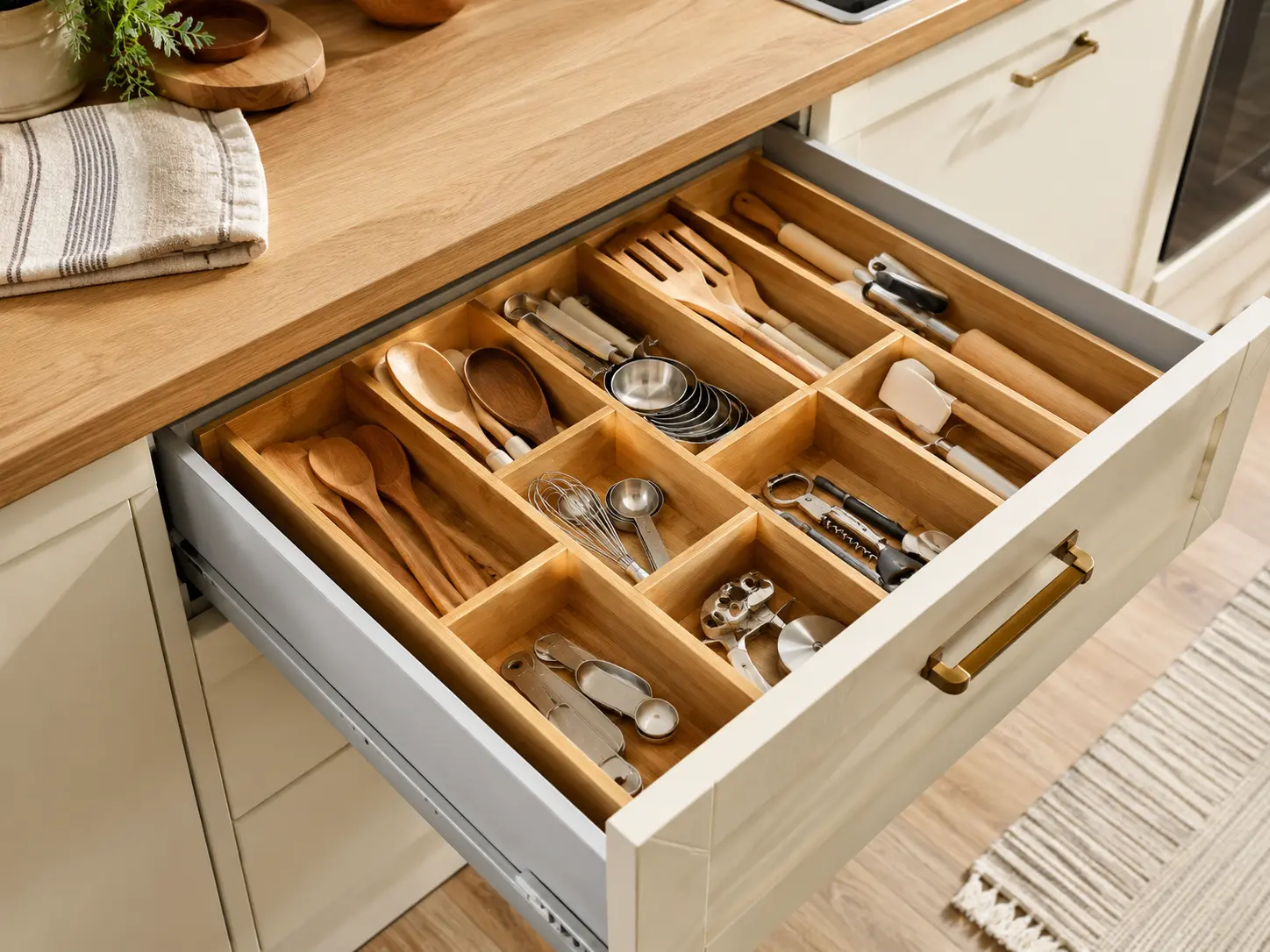 Organized kitchen drawer with adjustable bamboo dividers separating utensils and small tools.