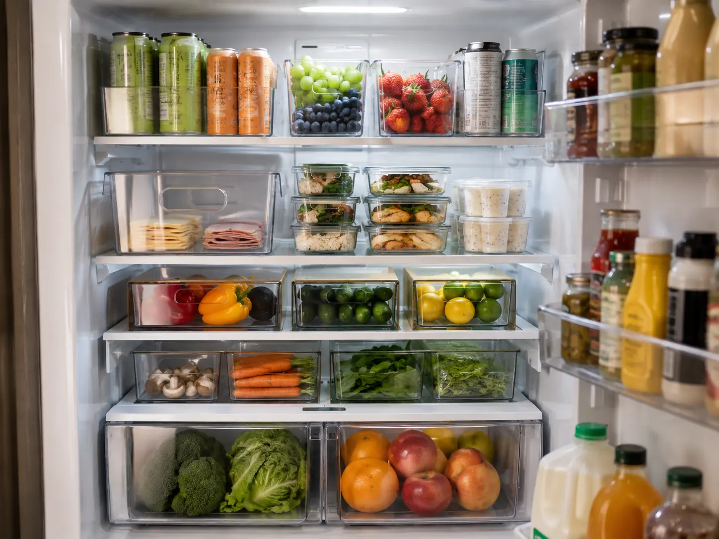 Small refrigerator organized with clear bins, shelf risers, cans, produce, and meal-prep containers.