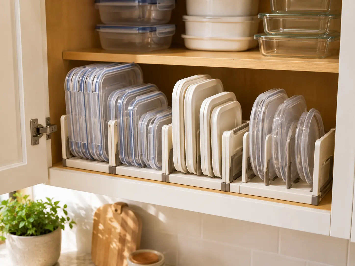 Kitchen cabinet neatly organized with food-storage container lids stored upright by size.