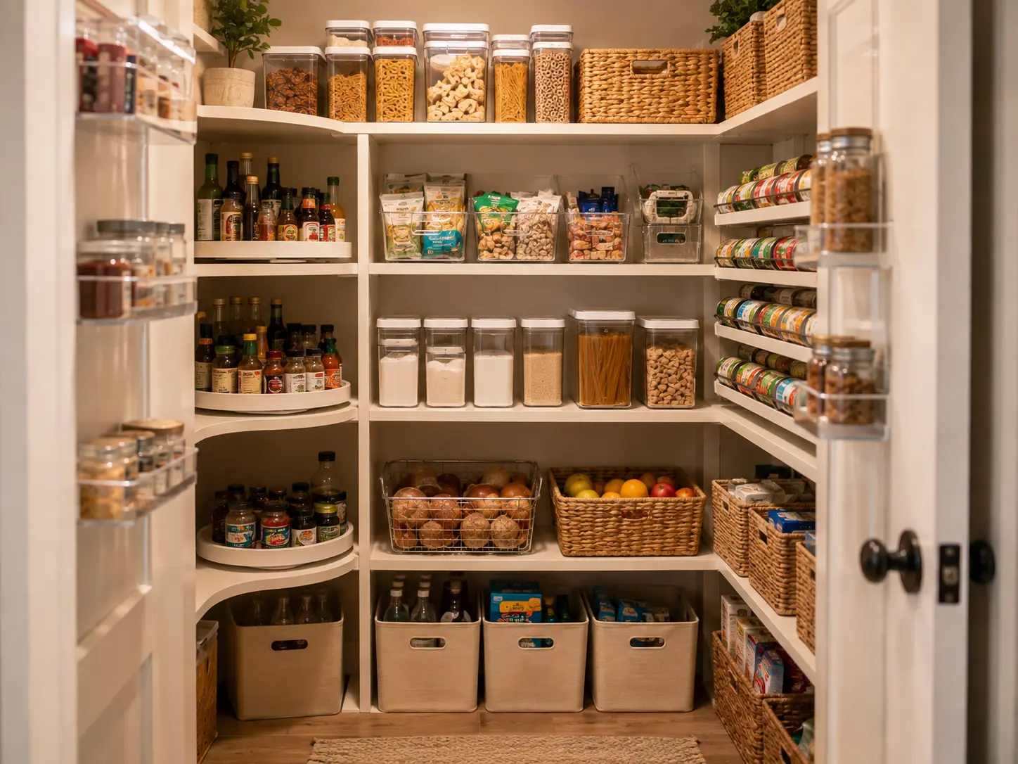 Compact pantry arranged with clear bins, turntables, tiered shelves, and airtight containers.