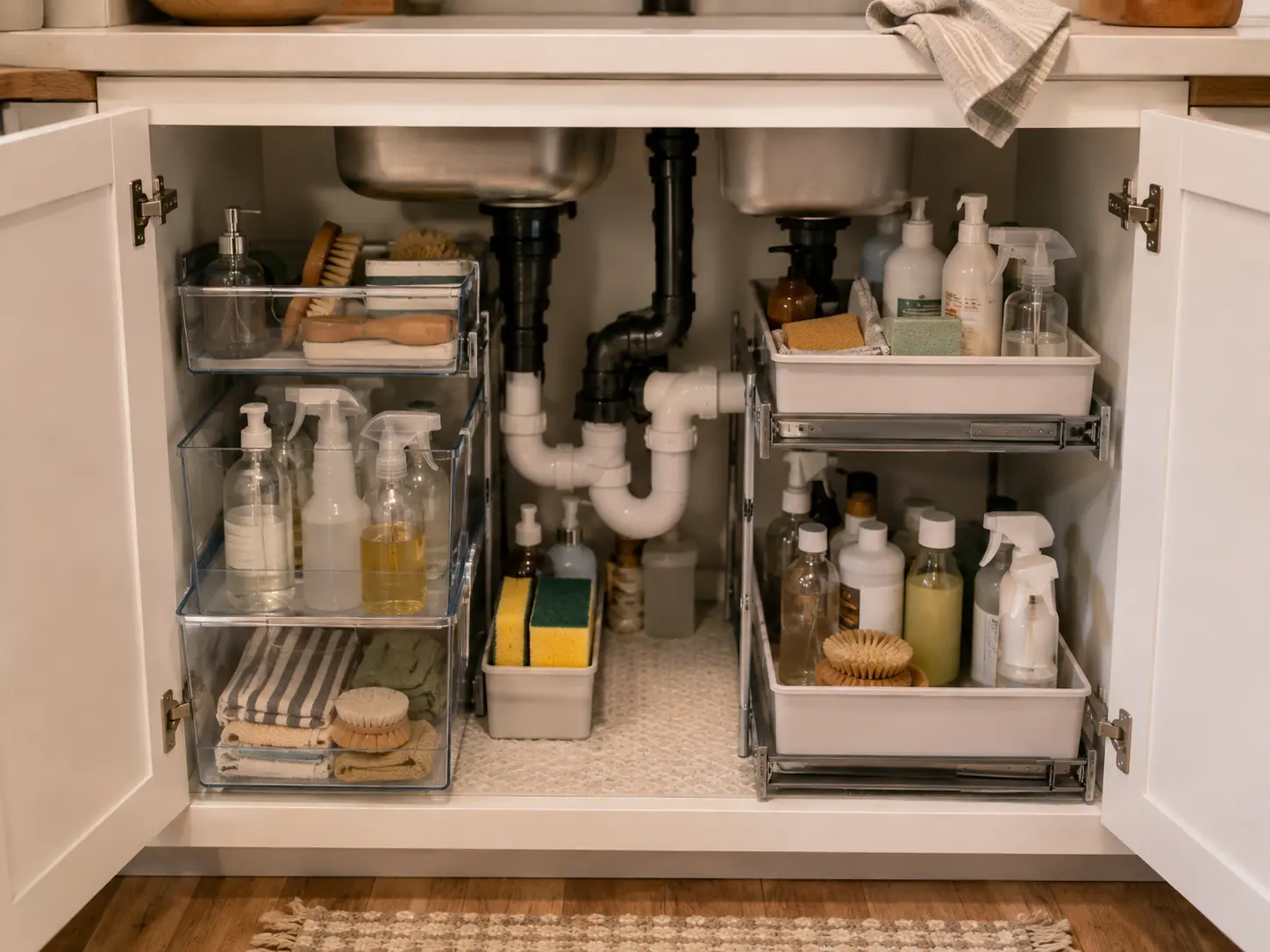Kitchen under-sink cabinet organized around plumbing with pull-out bins and cleaning supplies.
